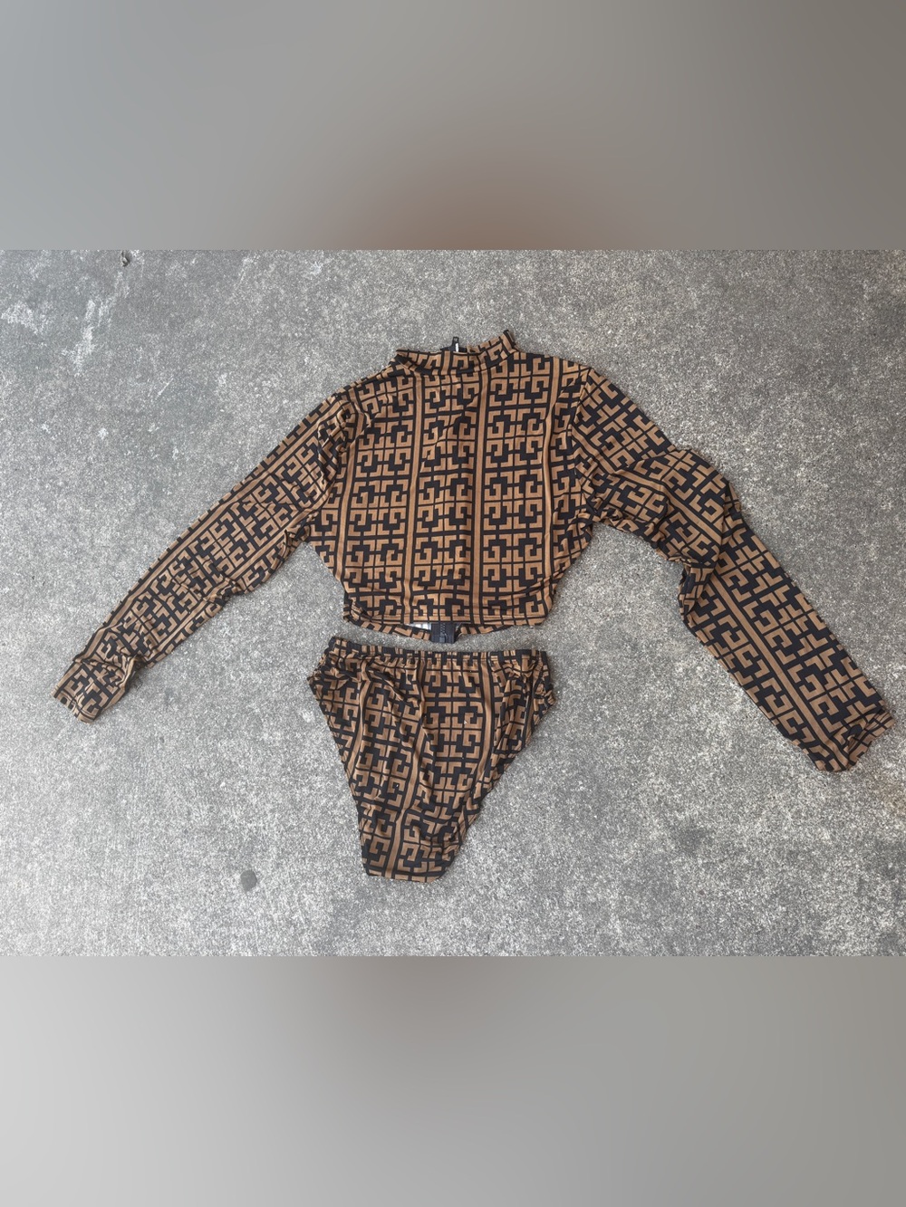 Faux  Monogram Long Sleeve Crop Top & High Waist Bikini set Size M/L